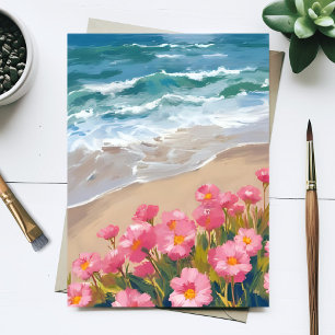Strandgolven Waterverf Roze Bloemenkust Schilderij Briefkaart