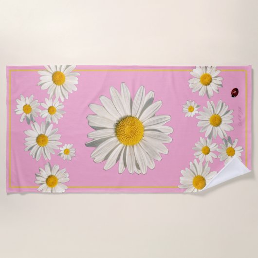 Strandhanddoek met zak vol madeliefjes. strandlaken (Voorkant)