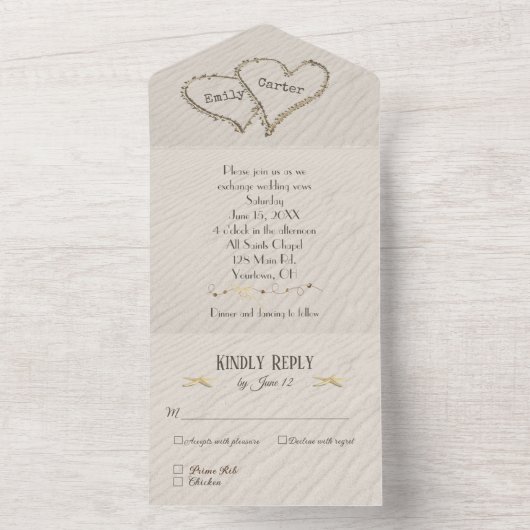 Strandharten in zand all in one uitnodiging (Binnen)