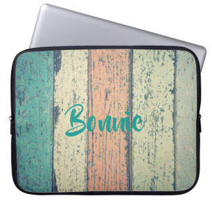 Strandhuis beschilderd hout gestreept blauwgroen p laptop sleeve