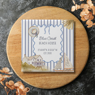 Strandhuis Blauw Coastal Chic Blauwe Strepen Vierkante Button 5,1 Cm