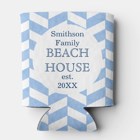 Strandhuis Blauw Wit Herringbone | Aangepaste naam Blikjeskoeler (Achterkant)