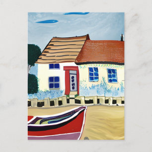 Strandhuis en boot in contact houden briefkaart