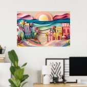 strandhuis met schattig 3d-effect poster (Thuiskantoor)