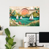 strandhuis met schattig 3d-effect poster (Thuiskantoor)