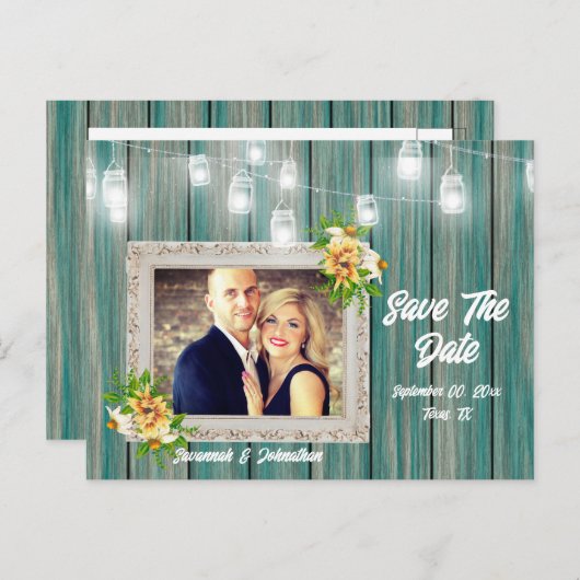 Strandhuis slingerlichtjes landelijk blauwe houten aankondigingskaart (Voorkant / Achterkant)