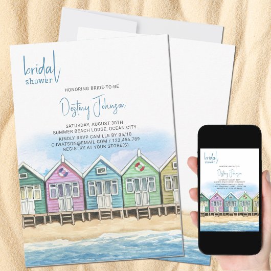 Strandhuisjes Aquarel Zeefront Bruidsdouche Kaart