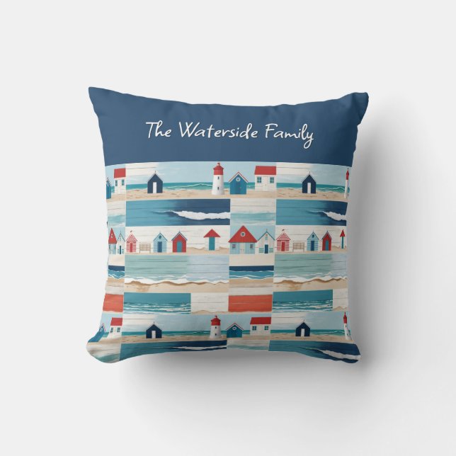 Strandhutten Vuurtorens Zee Kust Blauw Kussen (Voorkant)