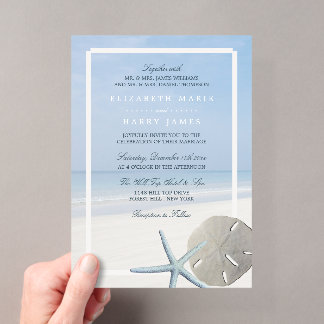 Strandhuwelijk met zanddollar en zeester uitnodigi acryl uitnodigingen