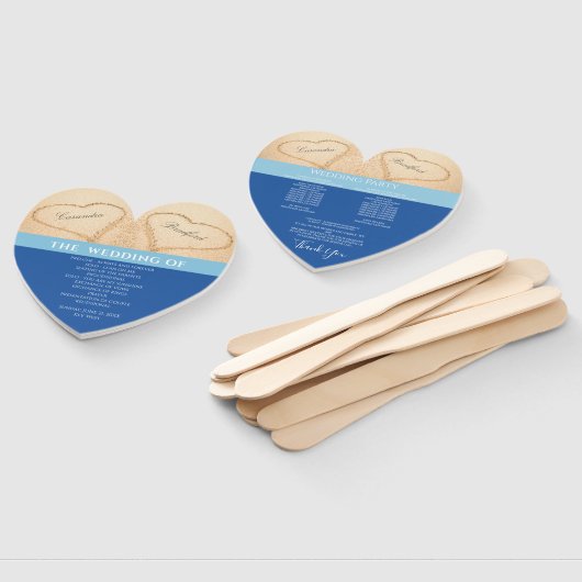 Strandhuwelijkprogramma 'Hearts' Oceanblauw Handwaaier (Niet-gemonteerd)