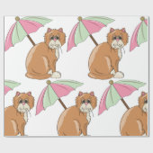 Strandkat met roze en groene paraplu cadeaupapier (Vlak)