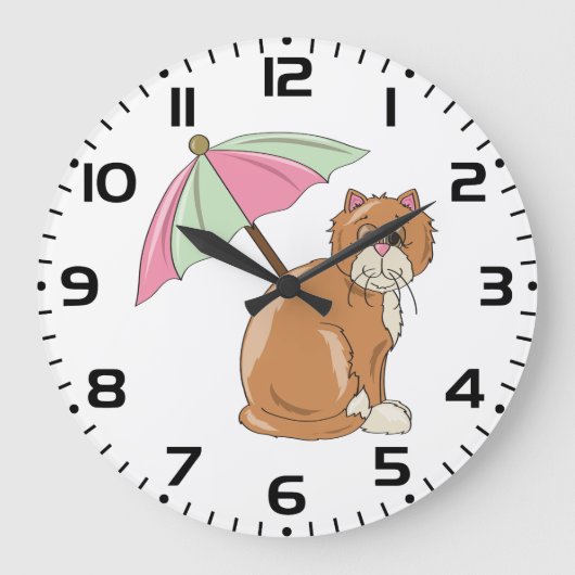 Strandkat met roze en groene paraplu grote klok (Voorkant)
