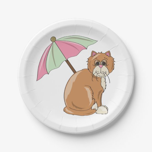 Strandkat met roze en groene paraplu papieren bordje (Voorkant)