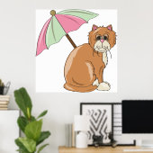 Strandkat met roze en groene paraplu poster (Thuiskantoor)