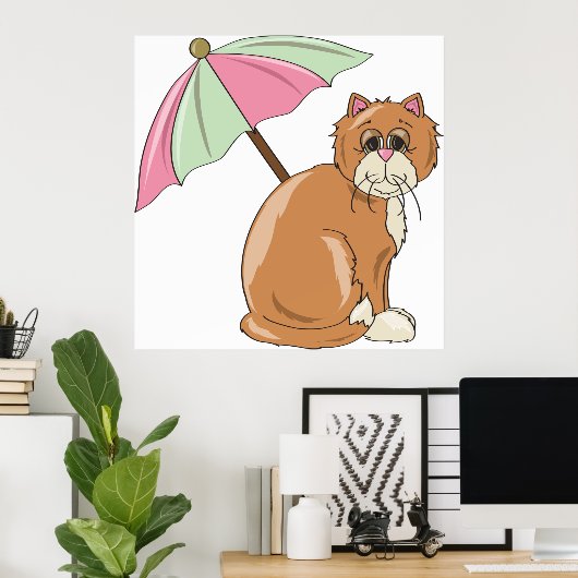 Strandkat met roze en groene paraplu poster (Thuiskantoor)