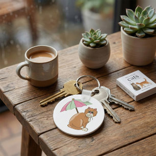 Strandkat met roze en groene paraplu sleutelhanger