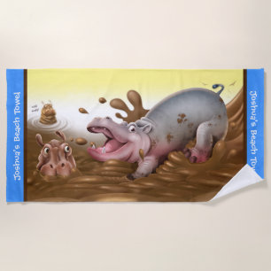 Strandlaken Muddy Hippos. Blauwe rand