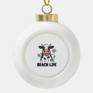 Strandleven Koe Vintage Gravure T-Shirt Ontwerp_1 Keramische Bal Ornament