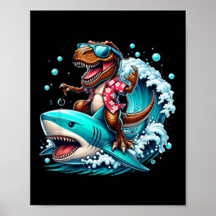 Strandliefhebber T-rex Dinosaurus Riding Shark Sur Poster