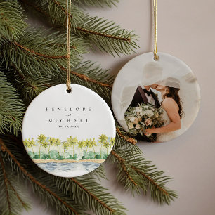 Strandpalmbomen Tropische Waterverf Trouwfoto Keramisch Ornament