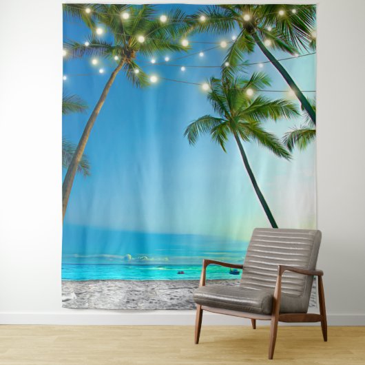 Strandscène Kokosnoot Palm Bomen String Lights Wandkleed (In situ)