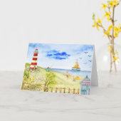 Strandscène met vuurtoren Waterverf 5 x 7 Kaart (Gele Bloem)