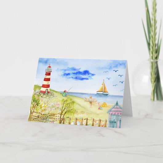 Strandscène met vuurtoren Waterverf 5 x 7 Kaart (Voorkant)