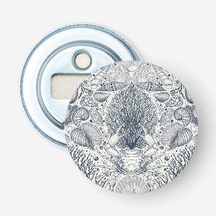 Strandschatten, schelpen, krab, koralen en zeewier button flesopener