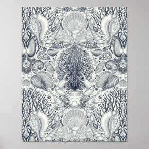 Strandschatten, schelpen, krab, koralen en zeewier poster