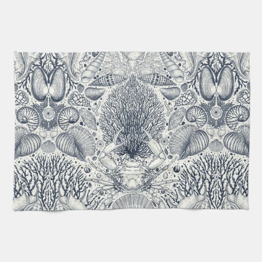 Strandschatten, schelpen, krab, koralen en zeewier theedoek (Horizontaal)