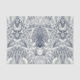 Strandschatten, schelpen, krab, koralen en zeewier tissuepapier