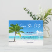 Strandtafereel met Palm Tree Wedding Save the Date (Staand voorkant)