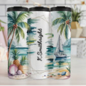 Strandtafereel met zeilboot en palmen thermosbeker