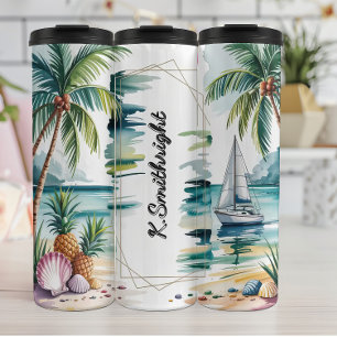 Strandtafereel met zeilboot en palmen thermosbeker