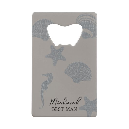 Strandthema "Onze trouwdag" met schelpen Kredietkaart Flessenopener (Voorkant)