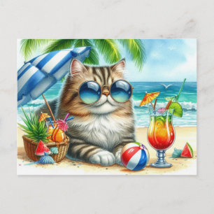 Strandtijd Kat en Cocktails Ansichtkaart Briefkaart