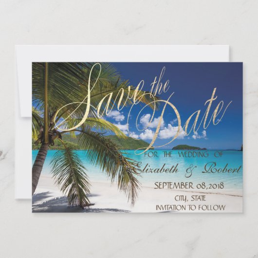 Strandtrouw, Palmen, Zand Save The Date (Voorkant)