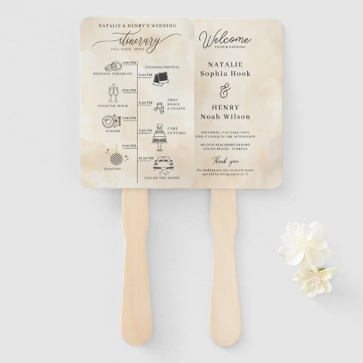 Strandtrouwprogramma Hand Fan met reistijd Handwaaier (Voorkant en achterkant)