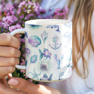 Strandvibes pastelkleuren zeedierenpatroon koffiemok