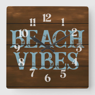 Strandvibes Woorden op Dark Wood Boards Vierkante Klok