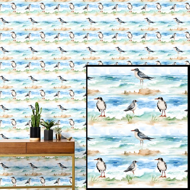 Strandvogels Zeemeeuwen op zandstrand met golven Behang (Creator heeft geüpload)
