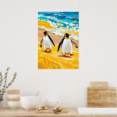 Strandwandelende pinguïns - levendige oceaankunst poster (Keuken)