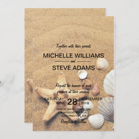 Strandzand, schelpen en zeesterren bruiloft uitnod kaart (Voorkant / Achterkant)