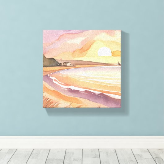 strandzonsondergang | Prachtig Waterverf schilderi Canvas Afdruk (Insitu (Houten vloer))