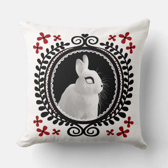 Strange White Bunny: White, Black & Red Kussen (Voorkant)