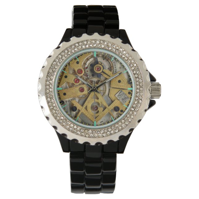 Strass met zwart emaille horloge skelet metselaar (Voorkant)