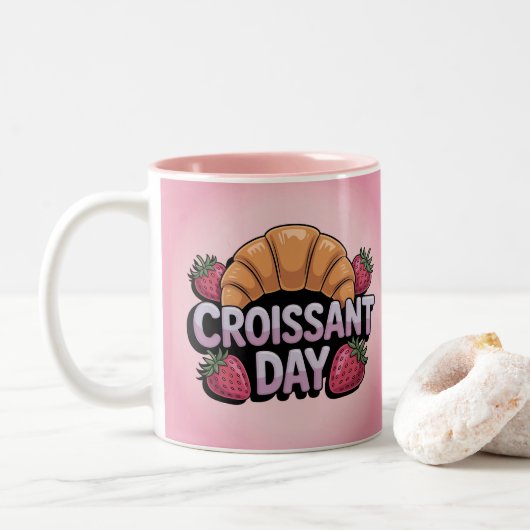 Strawberries Croissant Day Pink Mug (Avec donut)