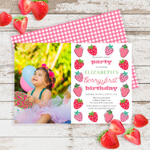 Strawberries Girl Foto Berry First Birthday Party Kaart