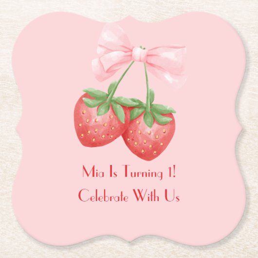 STRAWBERRIES PINK BOW BIRTHDAY KARTONNEN ONDERZETTERS (Voorkant)