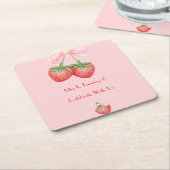 STRAWBERRIES PINK BOW BIRTHDAY VIERKANTE KARTONNEN ONDERZETTER (Schuin)